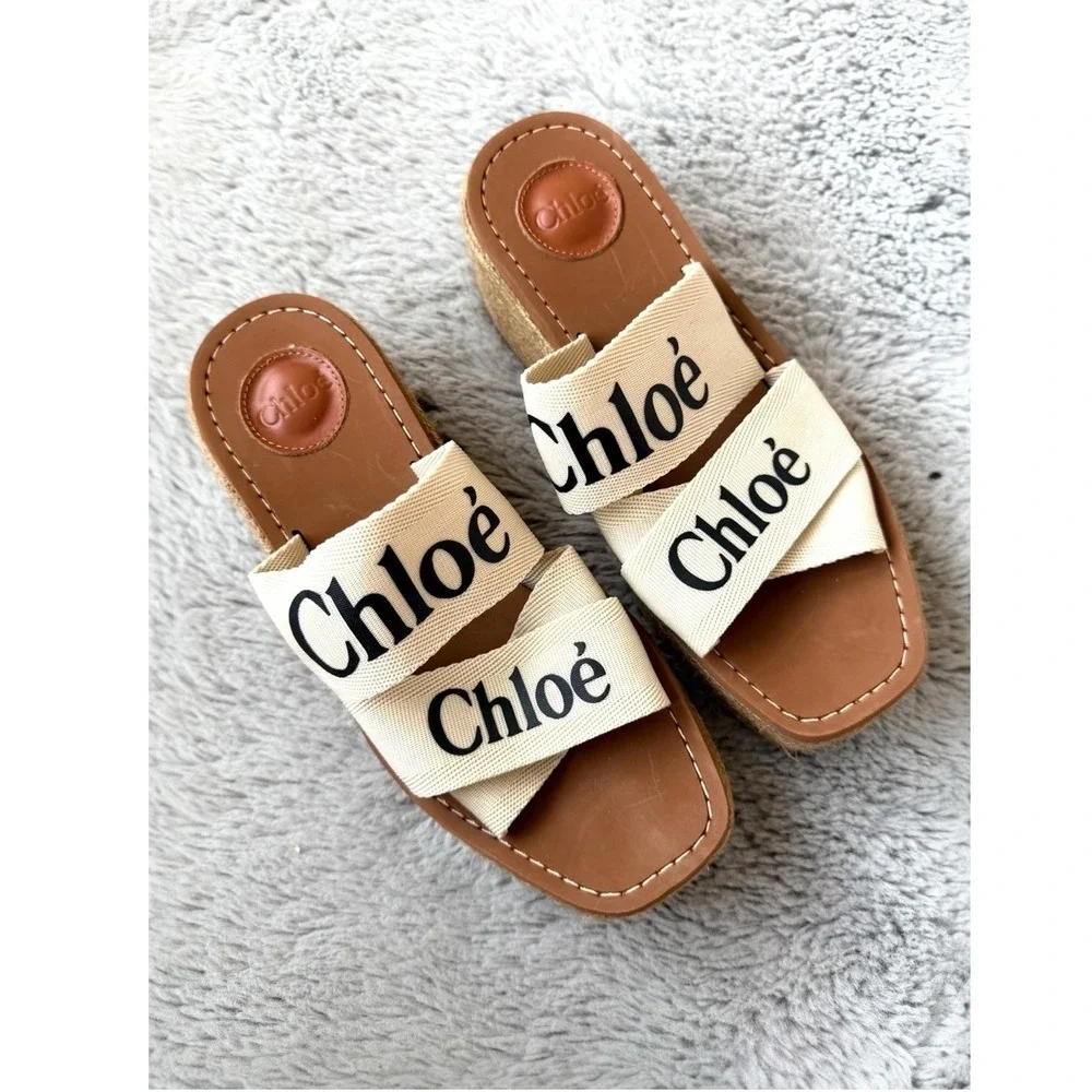 CHLOÉ Woody Logo Platform Slide Sandals Womens EU 39 Ivory‎ Canvas Espadrille